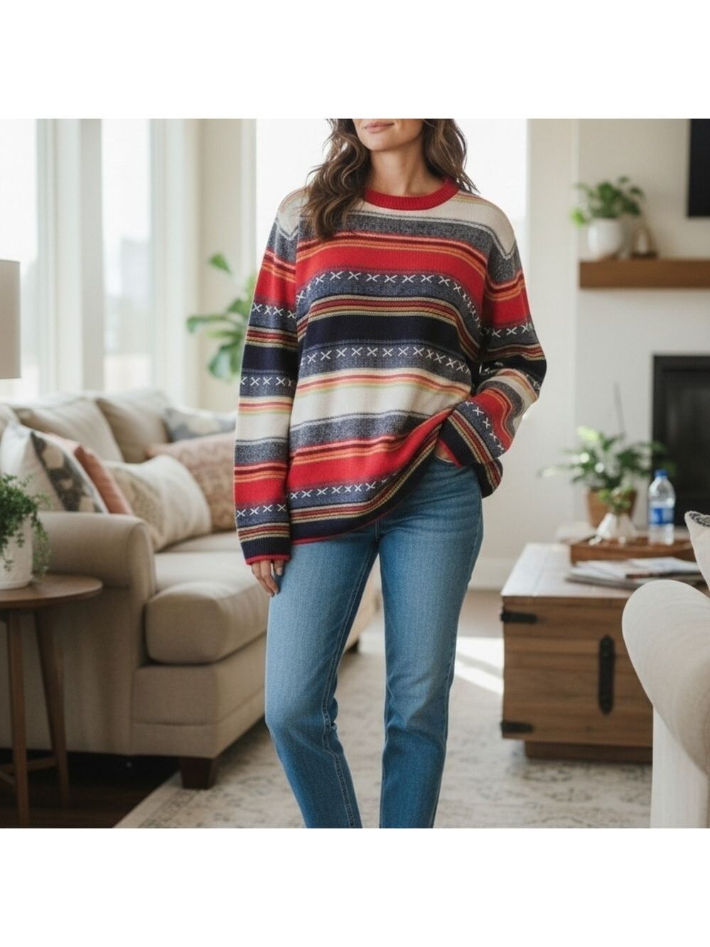 Crazy Horse Womens Large Striped Multicolor Sweater Colorful Aztec Western